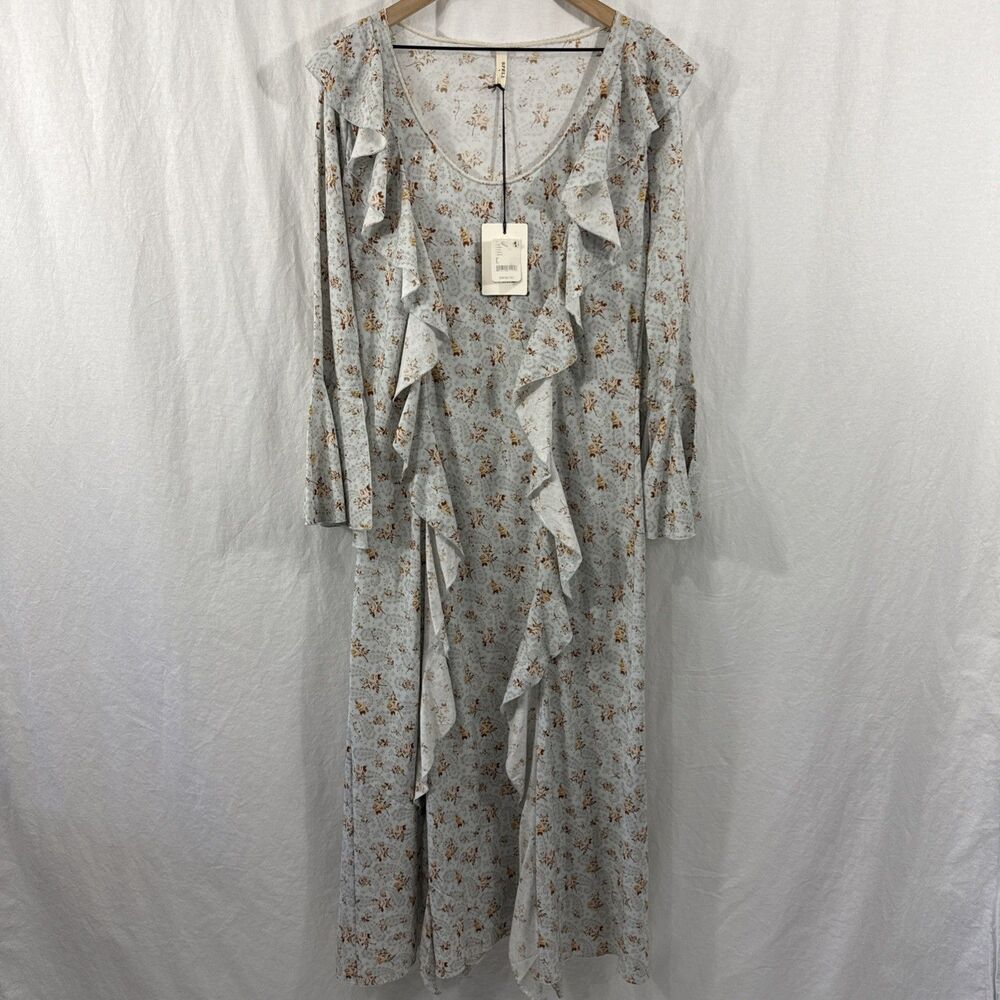 Spell Fleur Frill Bias Teapot Blue Ruffle Floral Maxi Dress Women’s Sz L Boho